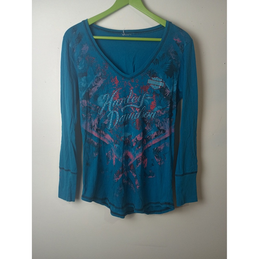 Harley Davidson BikeTown Youngstown Ohio Teal Long Sleeve V-Neck Graphic Top M